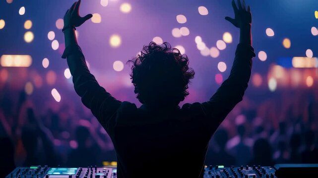DJ Silhouette at Music Festival with Purple Lighting and Crowd