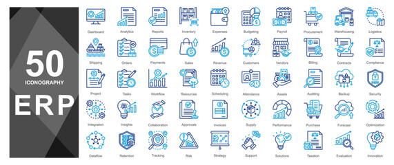 Soft blue duotone line icons for ERP dashboards.                 