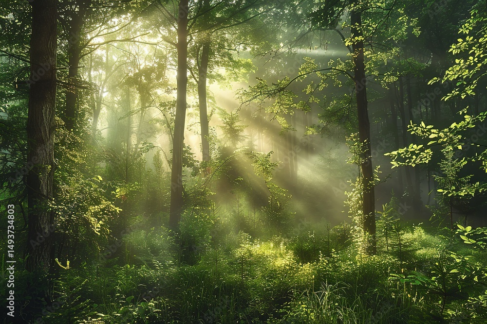 Poster sunlight filters through a lush green forest creating a serene and enchanting scene