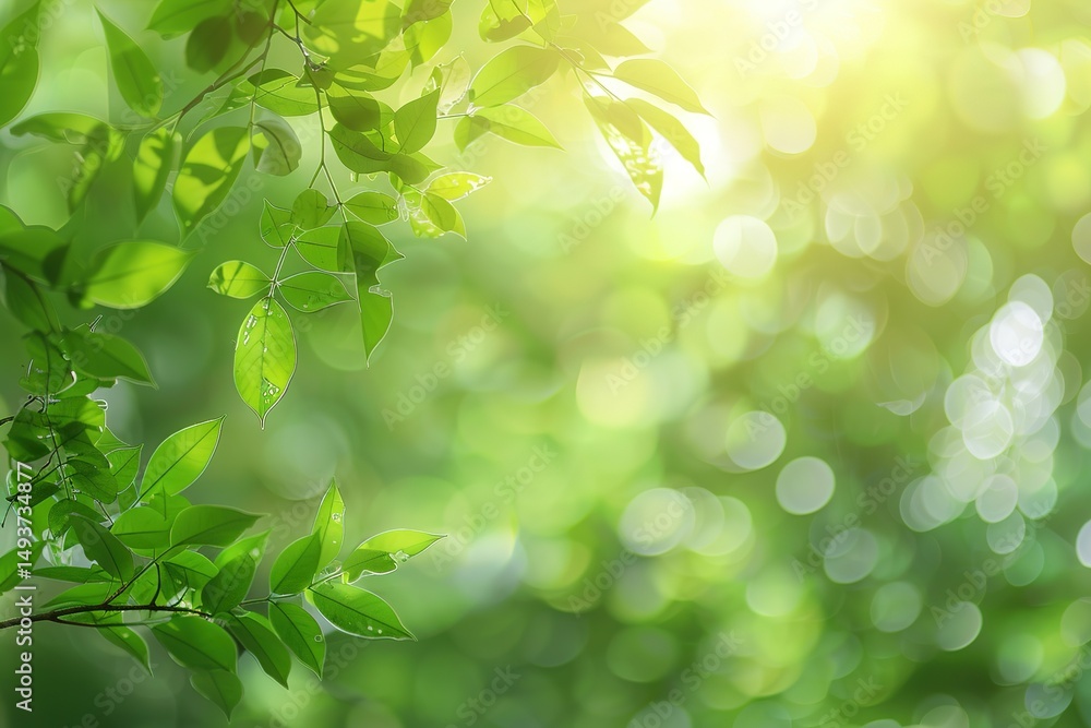 Poster sunlight filters through lush green leaves creating a bokeh background