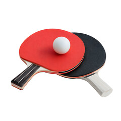 Red and black paddles with white ball for a table tennis game ready for a match.