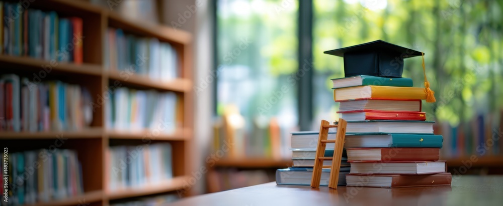 Poster the stack of books topped with a graduation cap in a library setting.