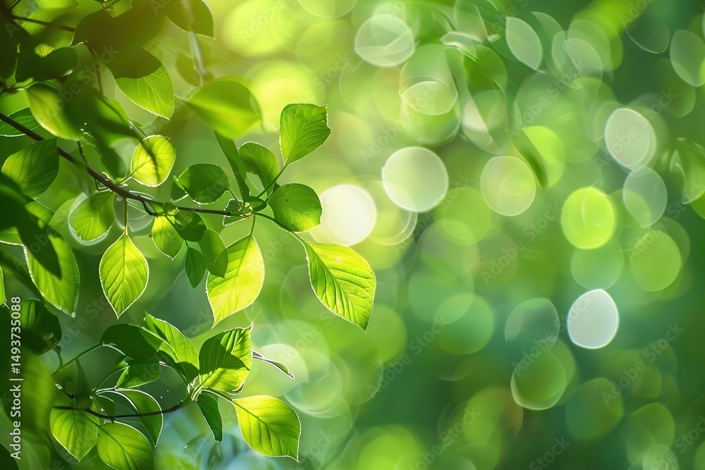 Poster sunlight filters through vibrant green foliage creating a bokeh effect in the background
