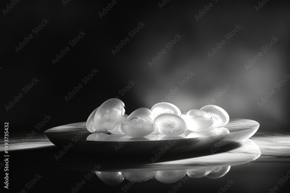 Aufkleber glowing translucent objects resembling jellyfish rest on a smooth, dark marble surface.