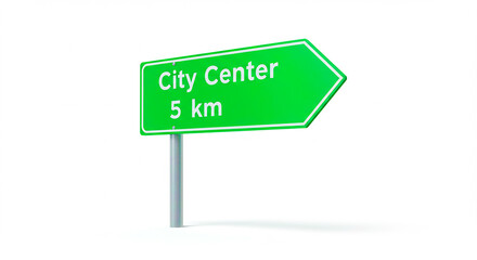 A green city center sign with an arrow pointing right on a white background indicating distance