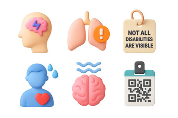 3D icons illustrating invisible disabilities, including mental health, chronic illness, anxiety, and hidden conditions. Symbolic items like QR badge and brain. Isolated on transparent background