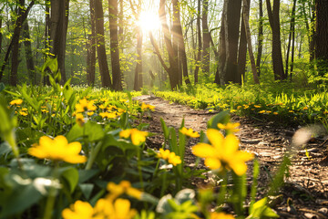Sunlit pathway through spring forest with blooming yellow flowers in foreground