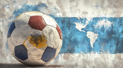 Worn soccer ball displayed against a textured wall map.