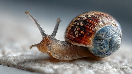 A high-resolution close-up of a snail resting on a white blanket against a muted gray backdrop, with a sharp focus on the intricate patterns of its shell