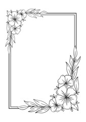 Obraz premium Black and white drawing of a flower frame with a flower in the middle. The flower is surrounded by leaves
