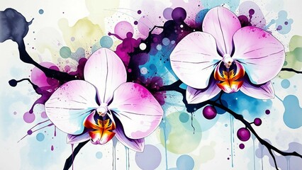 Moderne Orchideenillustration mit bunten Farbklecksen auf weißem Hintergrund – stilvolles Kunstmotiv für Print und Deko.