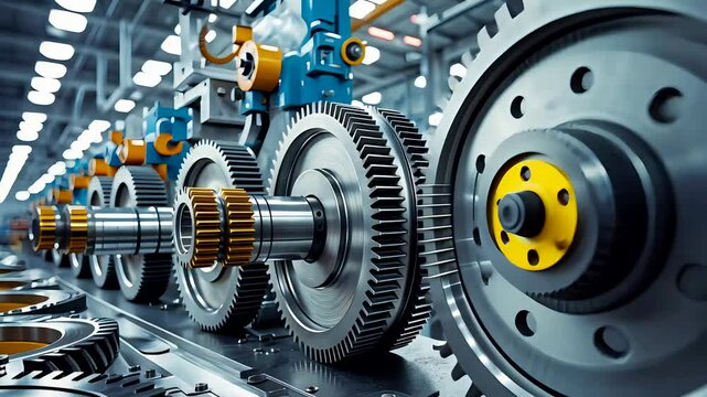 Closeup of metallic industrial gears rotating in a synchronized mechanical engineering machine system