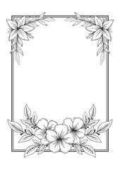 Obraz premium Black and white drawing of a flower frame with a flower in the middle. The flower is surrounded by leaves