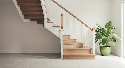 Naklejka premium Empty modern house interior features an empty room with a wooden staircase design