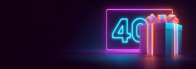40th birthday card background; neon design with number and copy space; concept forty festive birthday / anniversary celebration; black backdrop