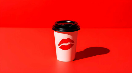 White disposable coffee cup with black lid and red lip print on bright red background, creating an accent on passion and originality of serving. Creative design of coffee products.