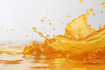 Vibrant splash of golden fluid with droplets frozen in time against a neutral backdrop