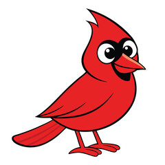Cheerful red cardinal bird cartoon character stands confidently on a white background