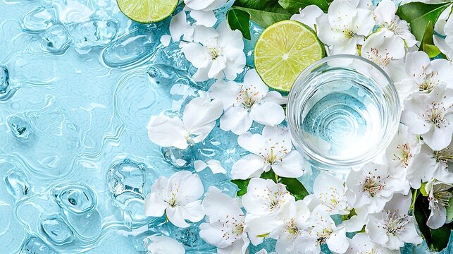  Blue surface with white flowers and limes surrounding a glass of water with water droplets