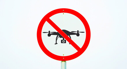 A no drone zone sign with a red circle and a drone silhouette on a white background outdoors in daytime