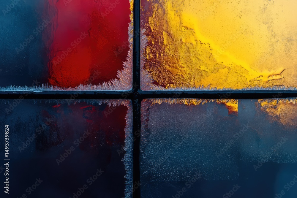 Poster frost patterns on a window pane create an abstract painting of red, yellow, and blue hues.