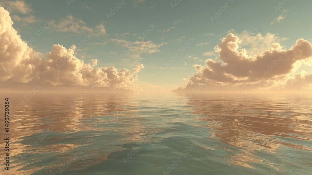 Wall mural a vast expanse of water with wispy clouds overhead and a small boat bobbing near the surface