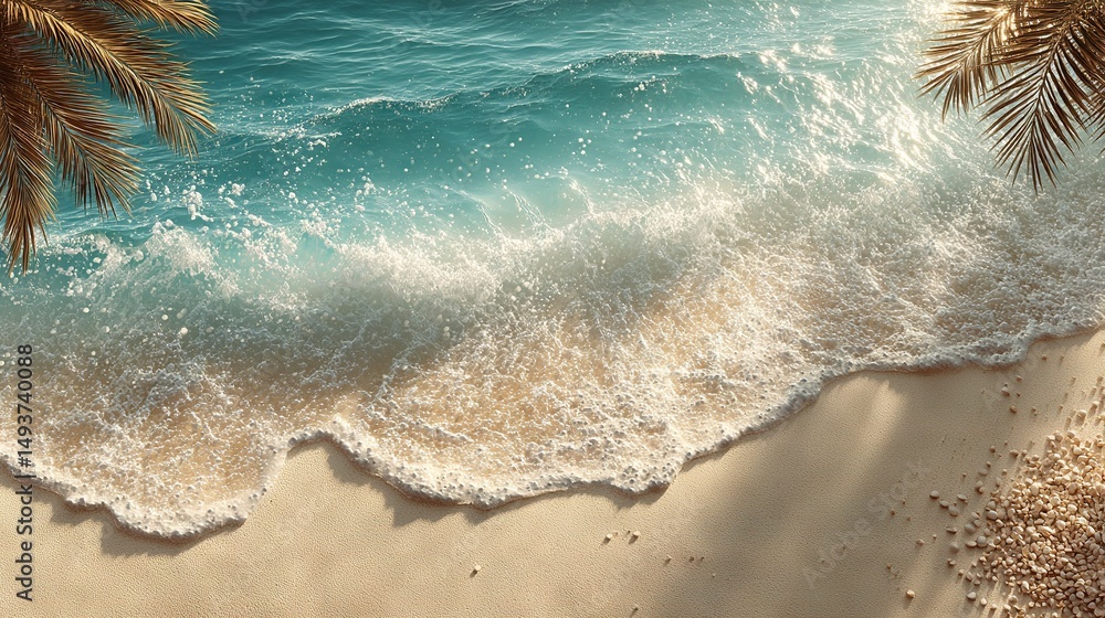 Aufkleber an aerial view of a beach with waves crashing on the shore and palm trees lining the coast