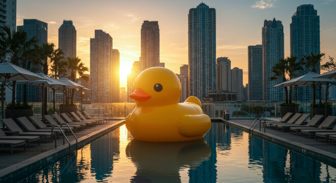 Large inflatable rubber duck floating in a rooftop pool at sunset, with a stunning city skyline in the background, creating a vibrant and playful atmosphere	