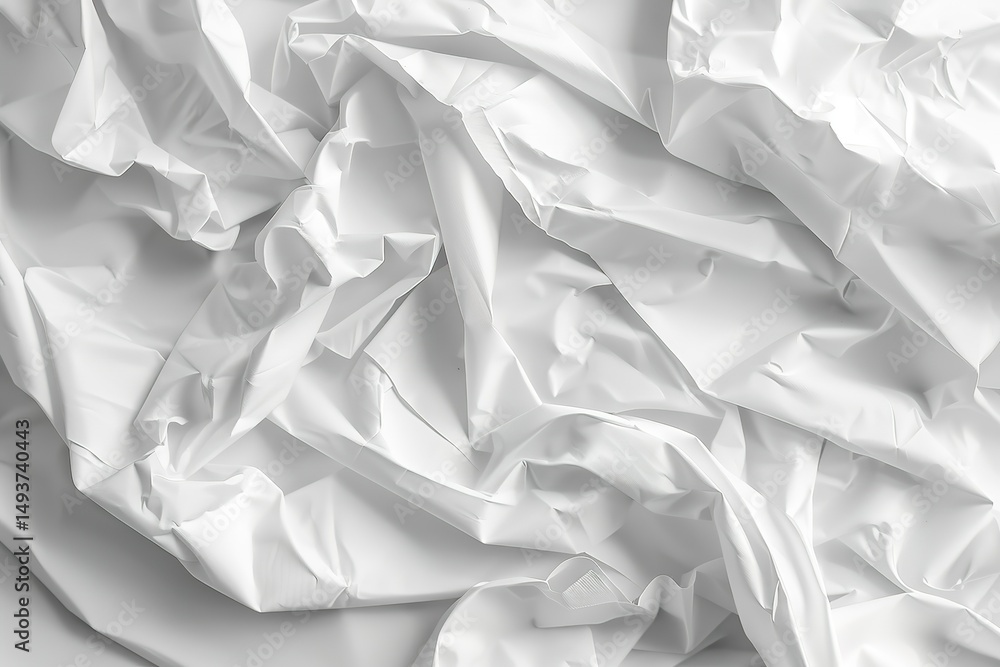 Poster wrinkled white material creates abstract patterns of light and shadow in a minimalist style