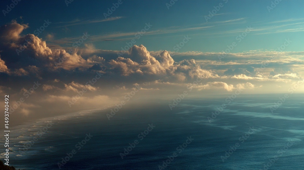 Poster a panoramic image of a vast body of water, adorned with an array of clouds above, and a minor amount