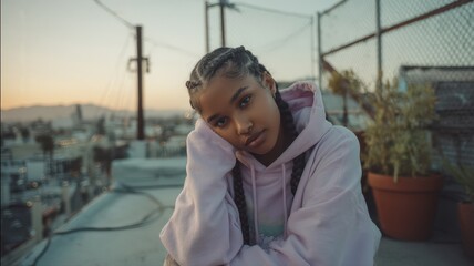 Young Girl in Pastel Hoodie with Braided Hair Posing Thoughtfully on Rooftop at Sunset in Urban Setting