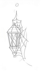 Line art illustration of a vintage lantern with a spider web for Halloween decorations.