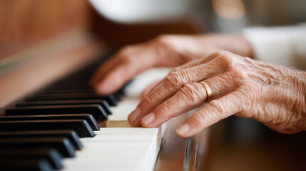 Fototapeta premium Elderly caucasian male playing piano with focus on hands