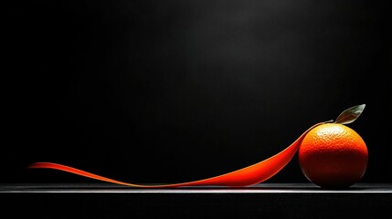   An orange rests atop a table alongside an orange peel and a leaf protruding from its top