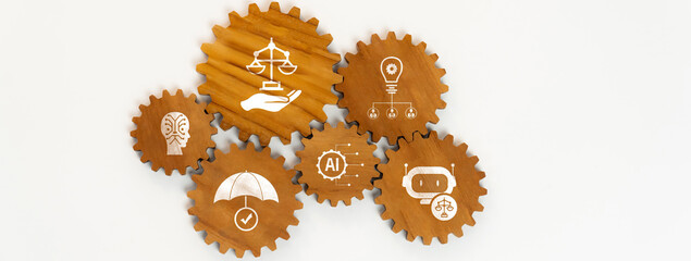 A creative representation of ethical principles in technology, featuring gears that symbolize AI, justice, and protection, perfect for business innovation themes. Amity