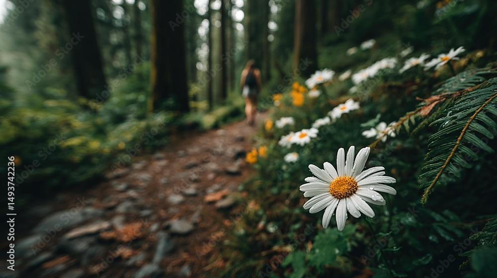 Poster a person walks down a path in the woods with a daisy in the foreground and a person in the backgroun