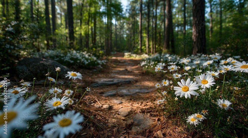 Poster a forest path surrounded by daisies in the foreground and tall trees in the background