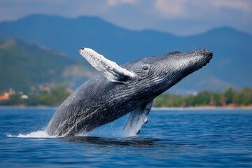 Majestic whale breaches cerulean water surface