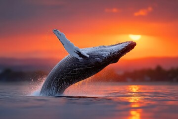Majestic whale breaching at fiery sunset