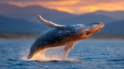 Majestic whale breaching at sunset