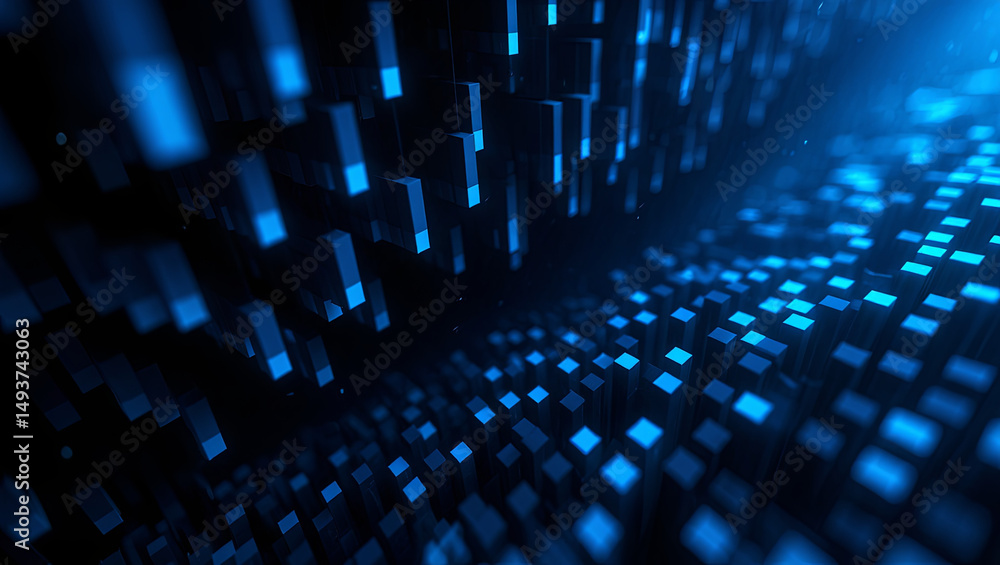 Poster blue cubes and rectangular shapes appear to be floating in a dark digital environment, creating an i