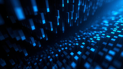 Obraz premium Blue cubes and rectangular shapes appear to be floating in a dark digital environment, creating an immersive futuristic atmosphere that suggests depth and movement