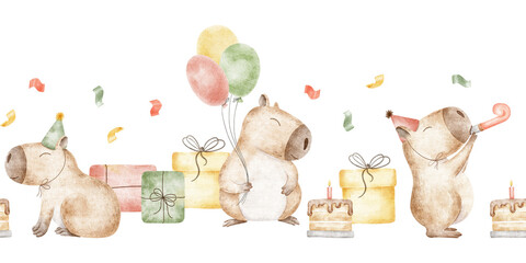 Capybara in party hat, colorful gifts, balloons, whistle, confetti. Happy birthday festive banner. Watercolor seamless border of guinea pig for birthday party, anniversary, congratulation, celebration