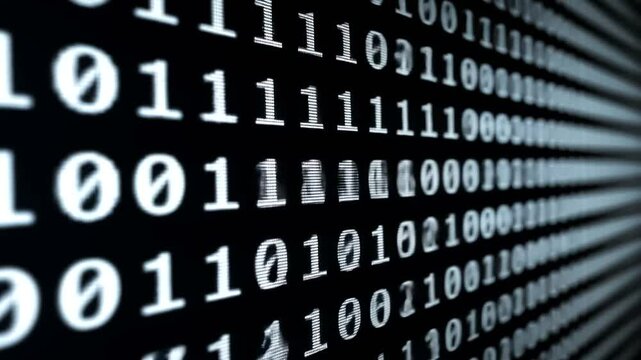 Binary code stream rows of 0 and 1, glowing on a black background