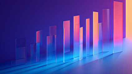 Vertical glass panels reflect vibrant hues of blue, purple, and orange, creating an intriguing abstract composition in a minimalist environment