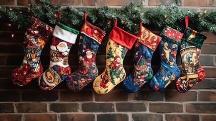 Colorful Christmas stockings hanging on a brick wall.