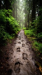 Fototapeta premium Muddy forest trail with footprints leading through lush green trees on a misty day.