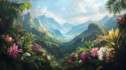 Obraz premium Lush valley framed by vibrant tropical vegetation.