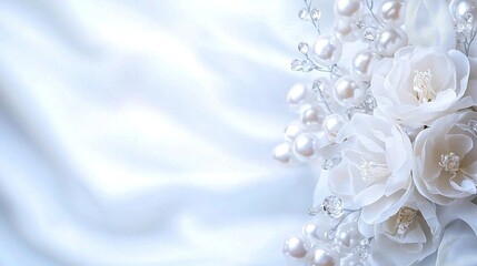 Fototapeta premium A close-up of a white satin background with a bouquet of flowers and pearls on either side