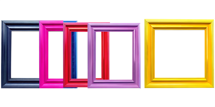 Set of modern decorative bright multi colour picture frames isolated on white  background PNG 